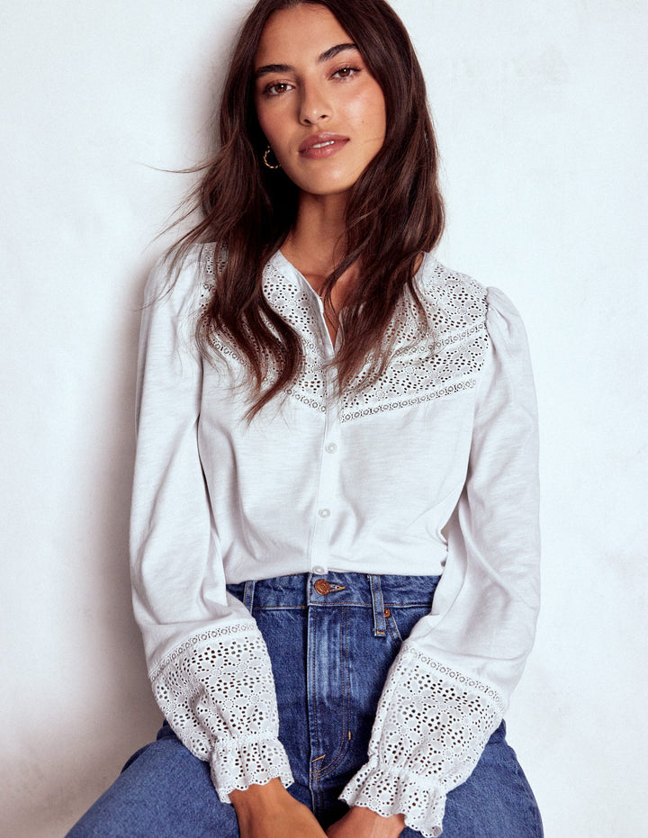 Pippa Jerseyhemd mit Lochstickerei-Weiß