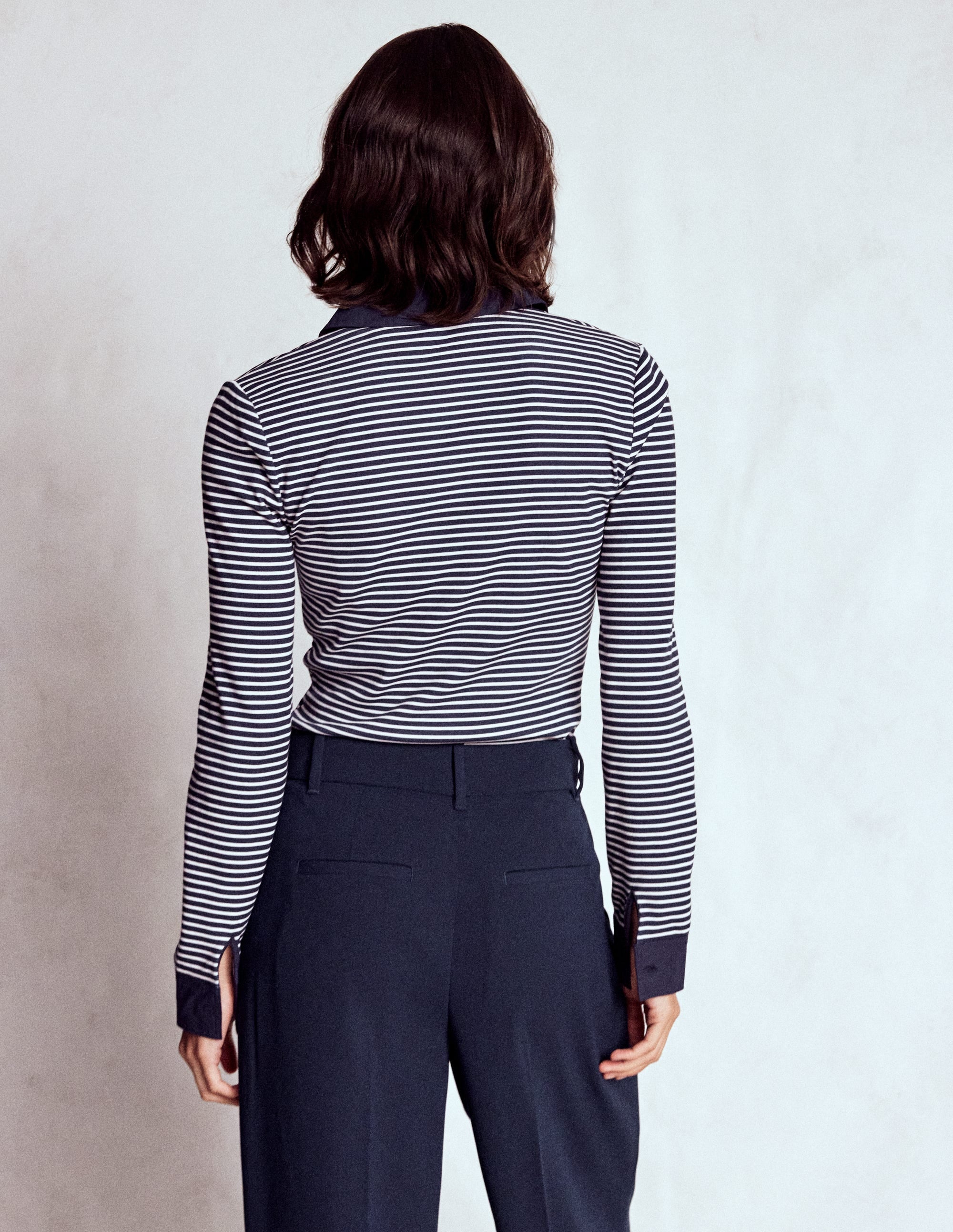 Collared Placket Jersey Shirt-Navy, Ivory Stripe - Image 3