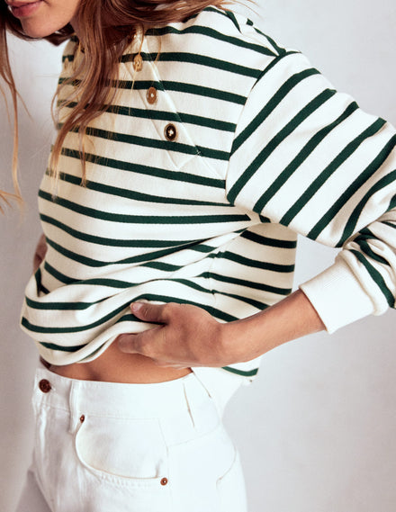 Sweatshirt mit Knopfdetail-Dunkles Smaragdgrün, Naturweiß