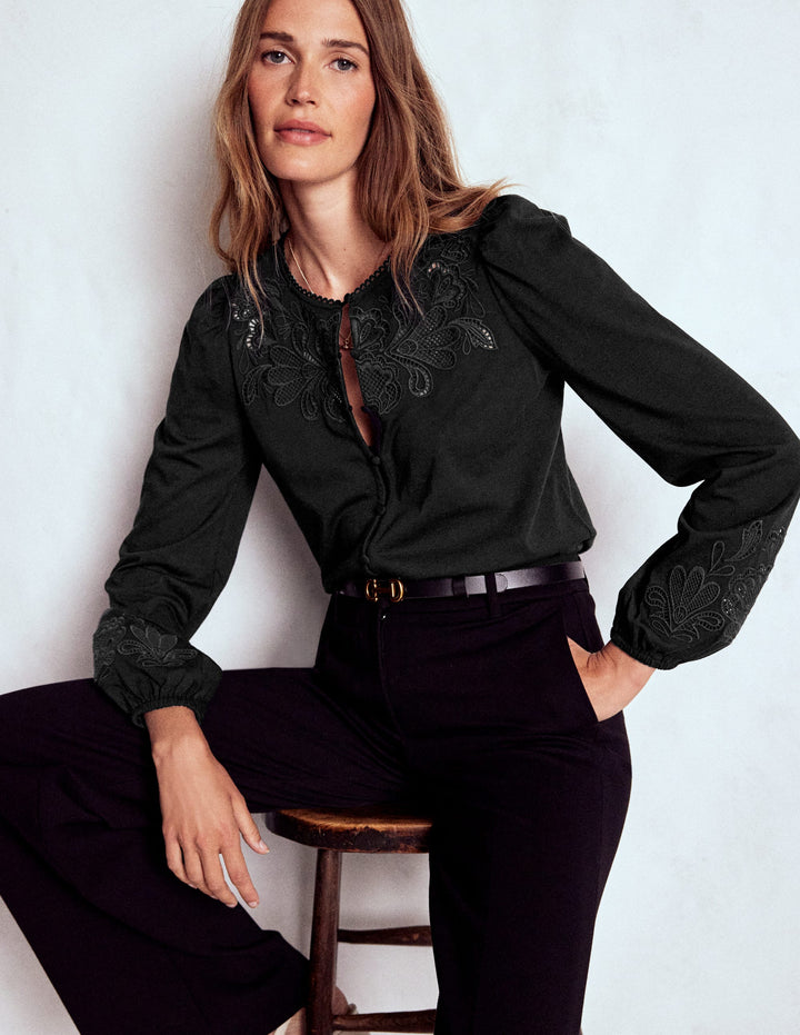 Jerseyoberteil mit Cutwork-Detail-Schwarz