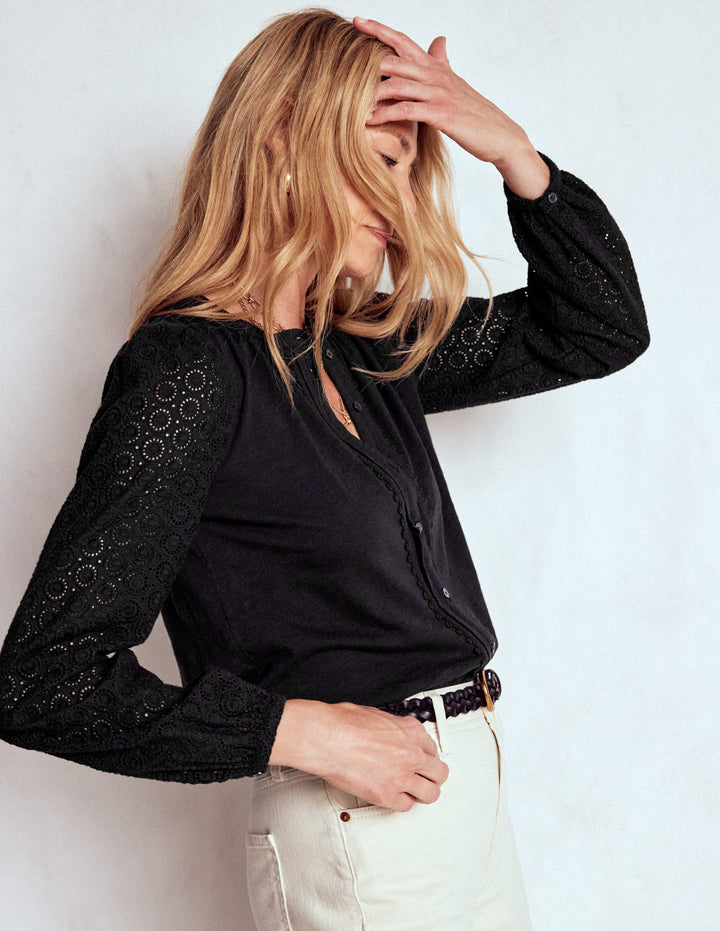 Eden Jerseyhemd mit Lochstickerei-Schwarz