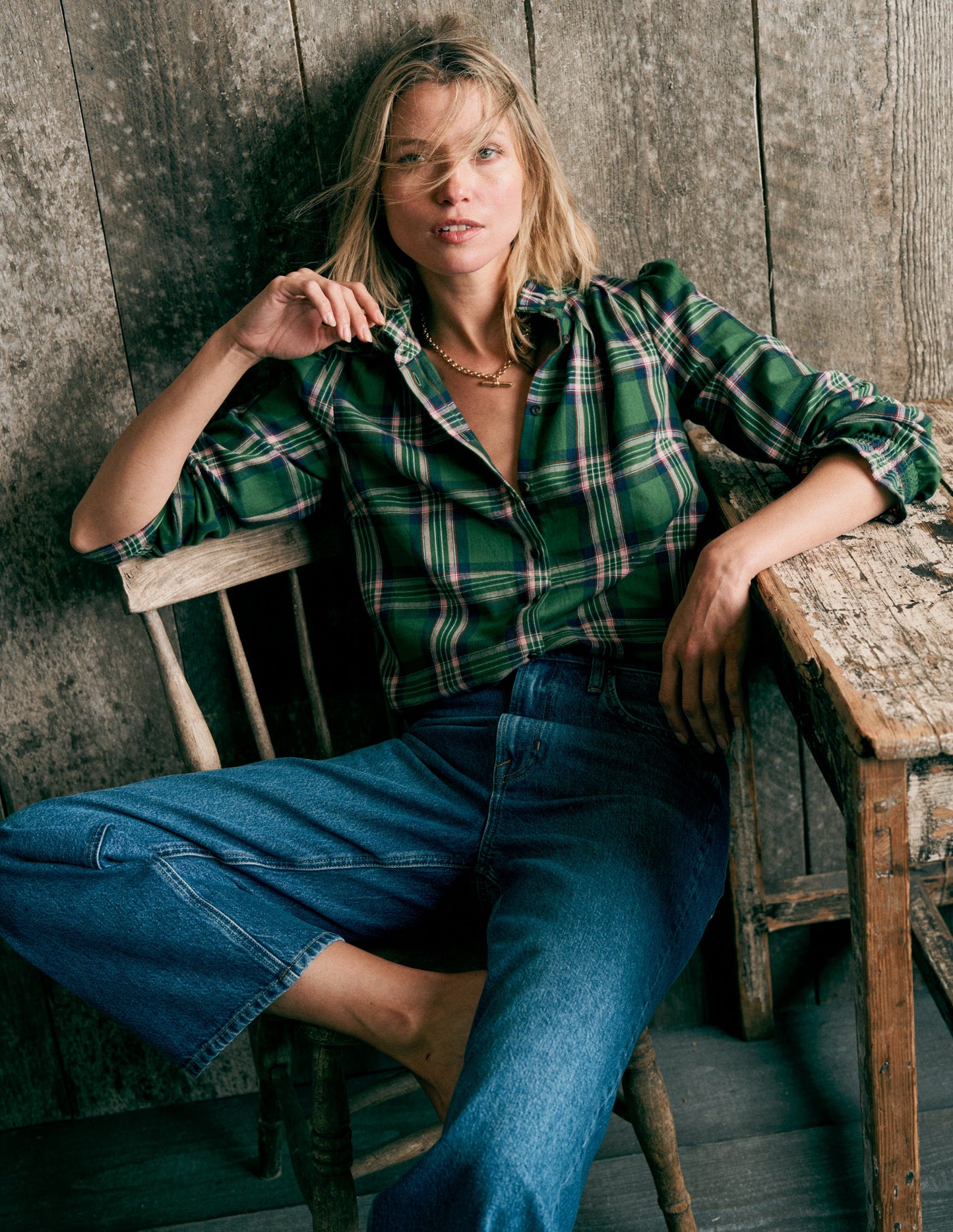 Top Lorna en coton brossé-Carreaux vert, bleu marine et rose