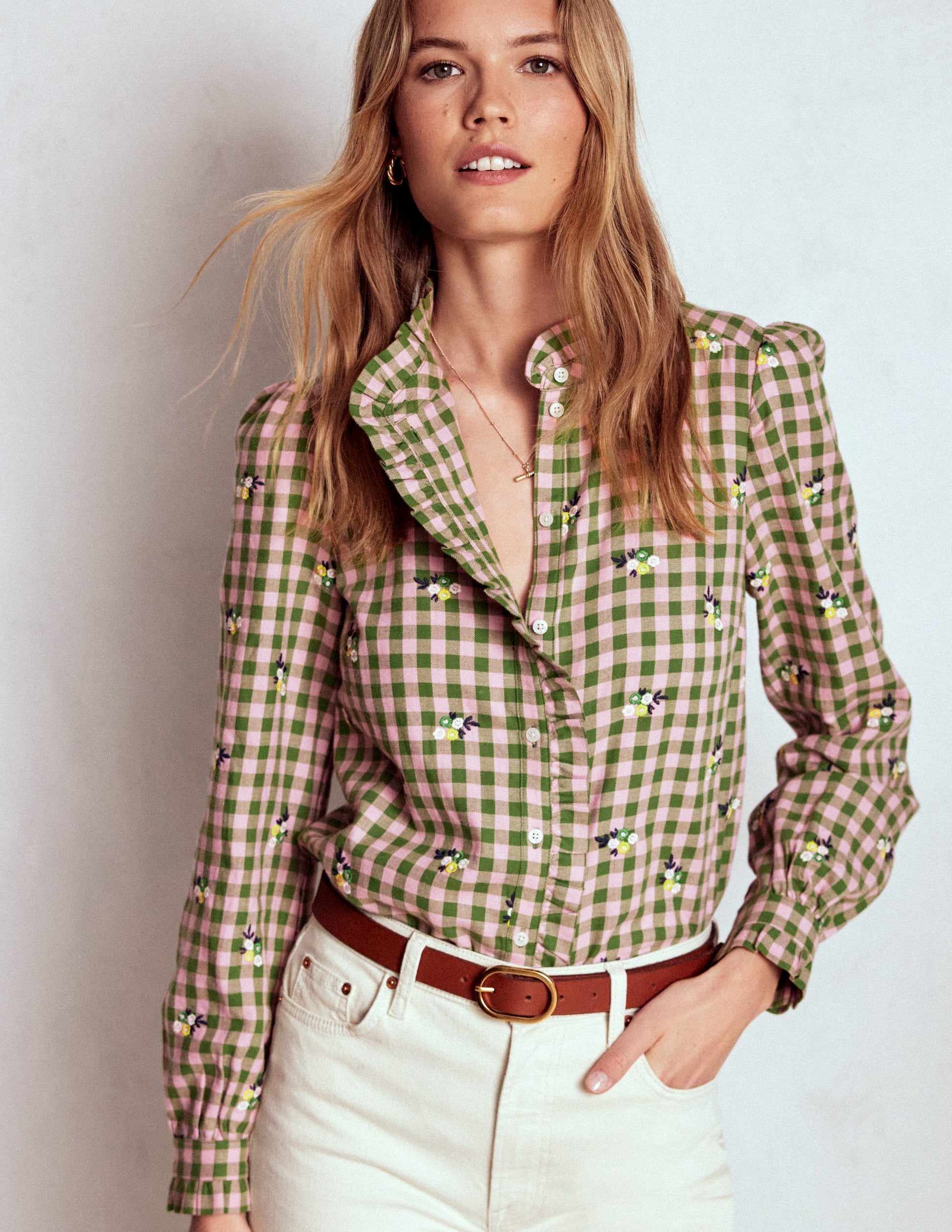 Helena Brushed Cotton Top-Green and Pink Floral Check-4