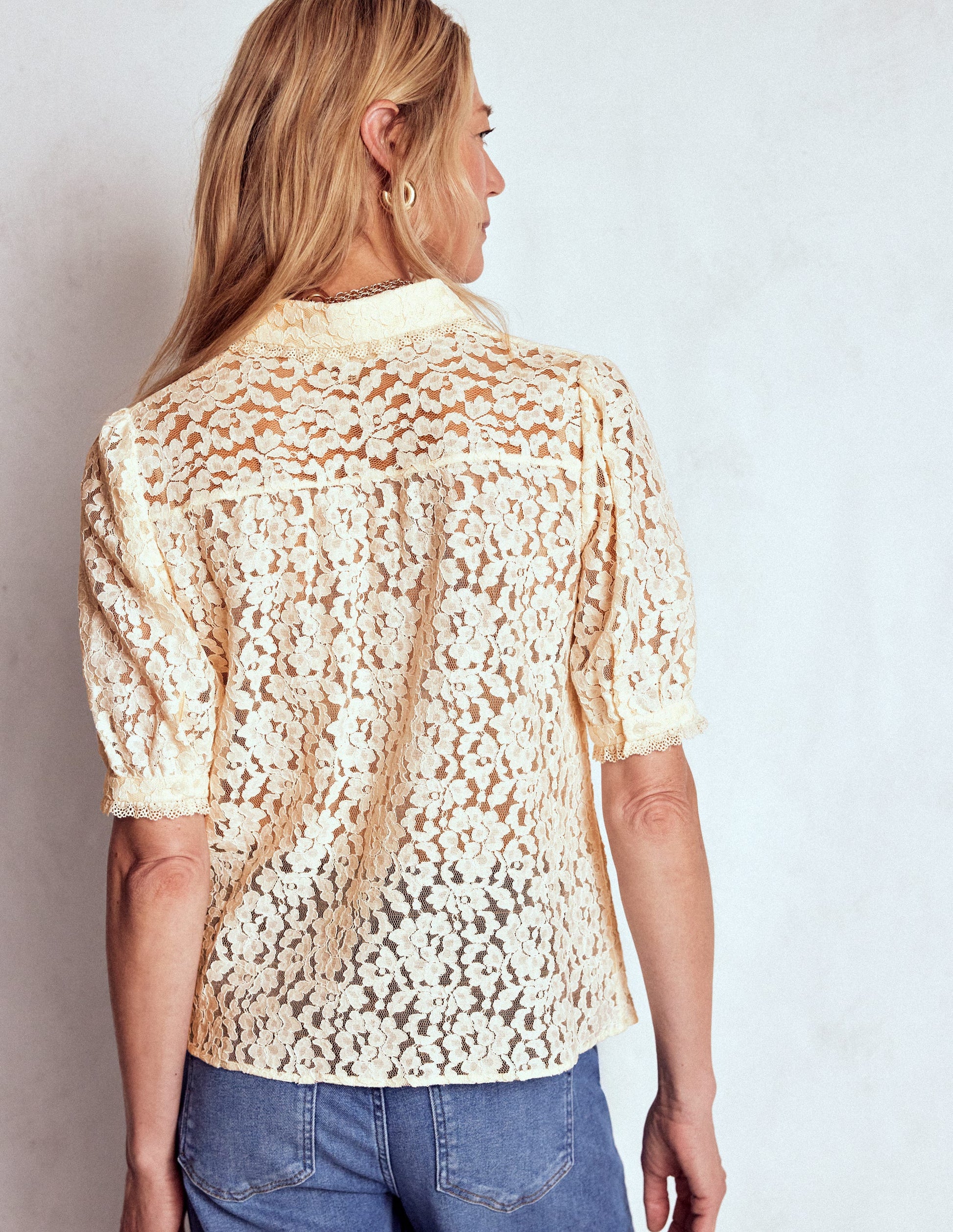 Blouse à manches courtes en dentelle-Ivoire-3