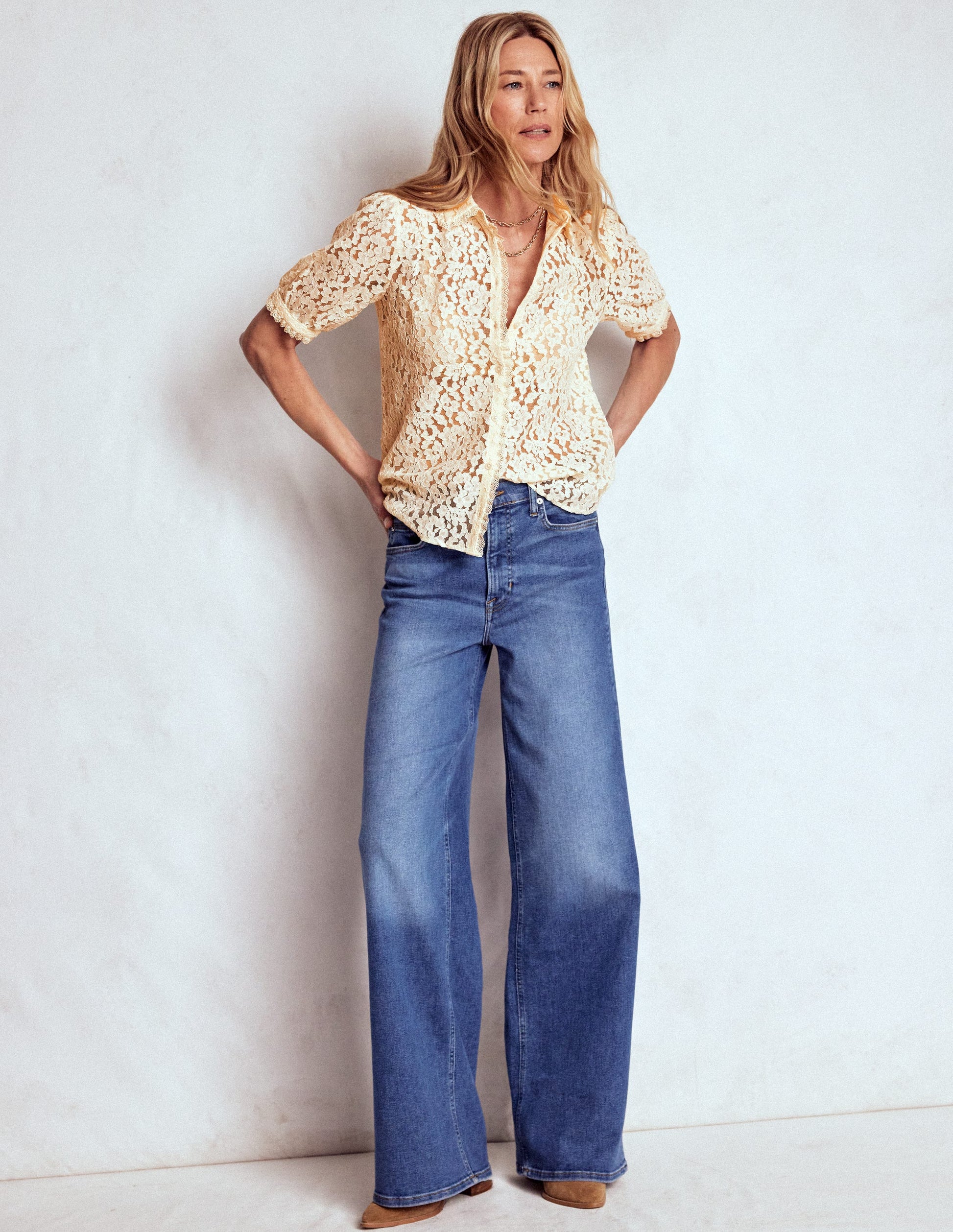 Blouse à manches courtes en dentelle-Ivoire-4