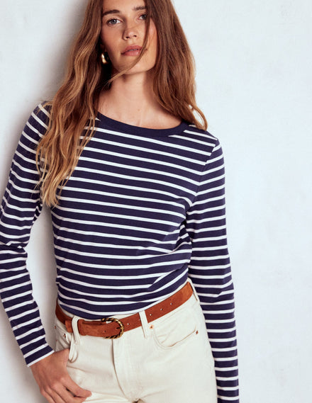 Olivia Langärmliges Bretonshirt-Marineblau, Naturweiß