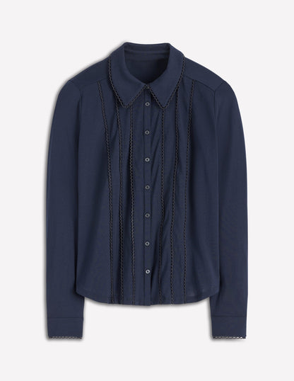 Chemise en jersey à détails en picots-Bleu marine-5