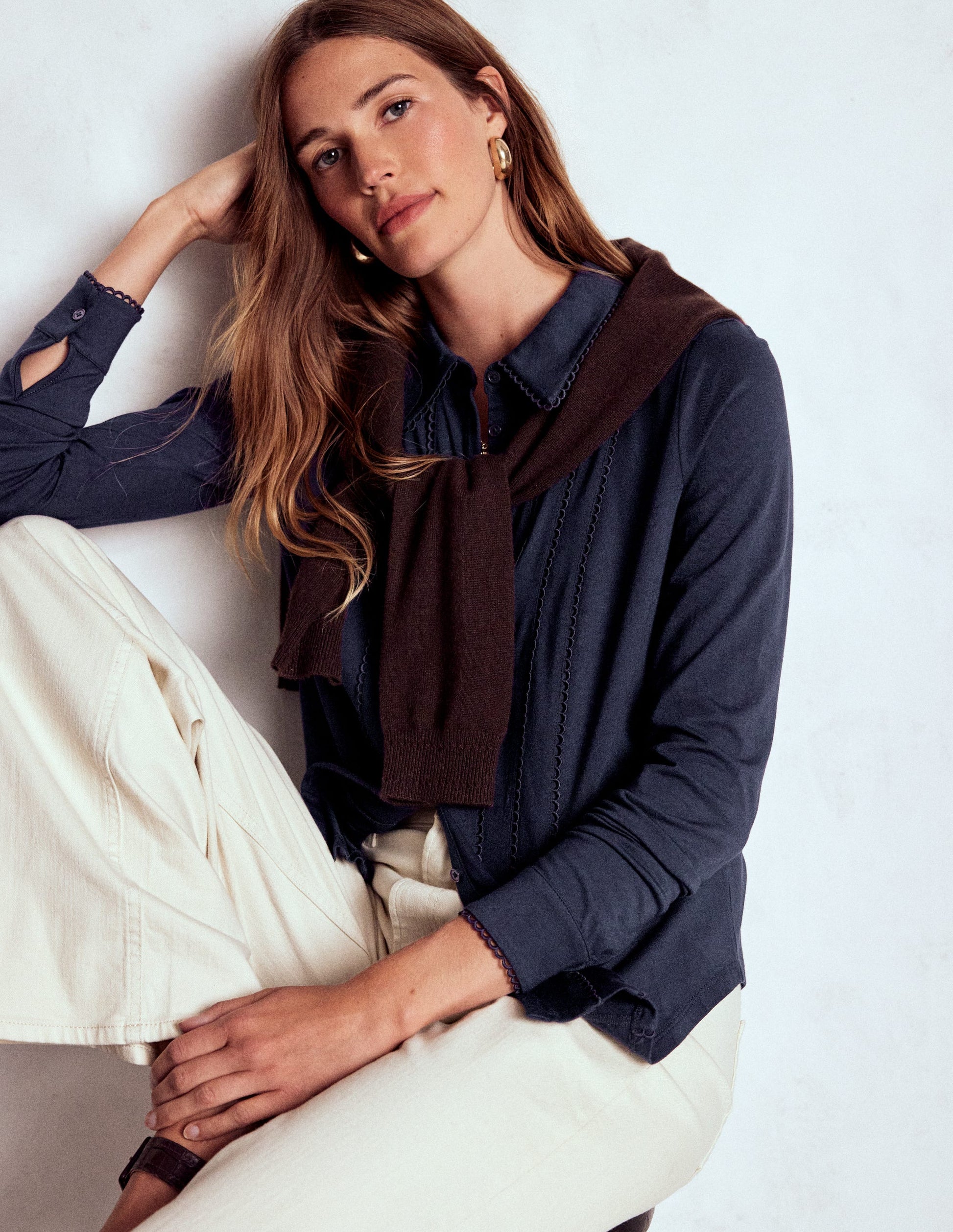 Chemise en jersey à détails en picots-Bleu marine-1