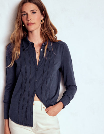 Chemise en jersey à détails en picots-Bleu marine-4