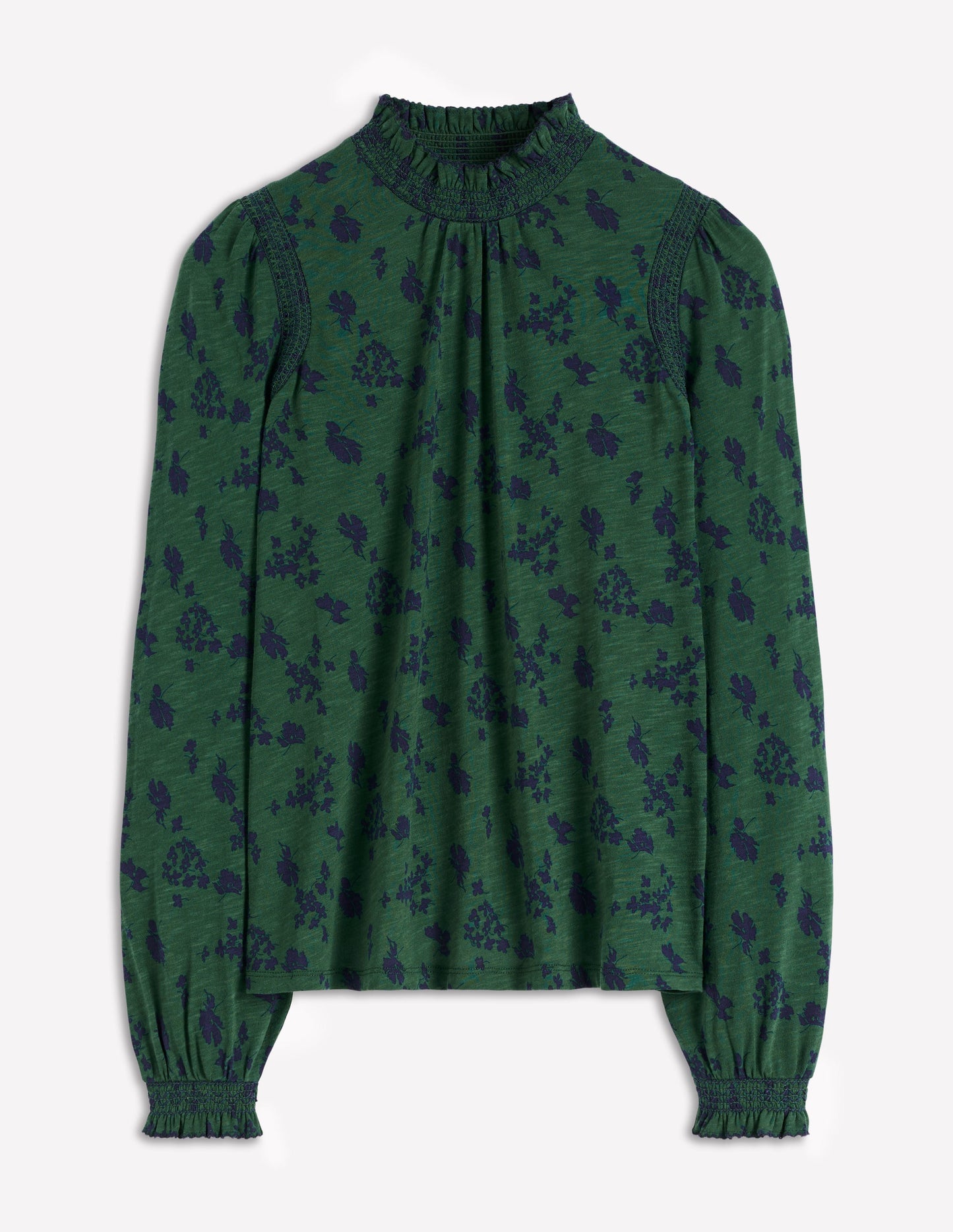 Top Tia à col smocké en jersey-Vert foncé, motif Dainty Meadow