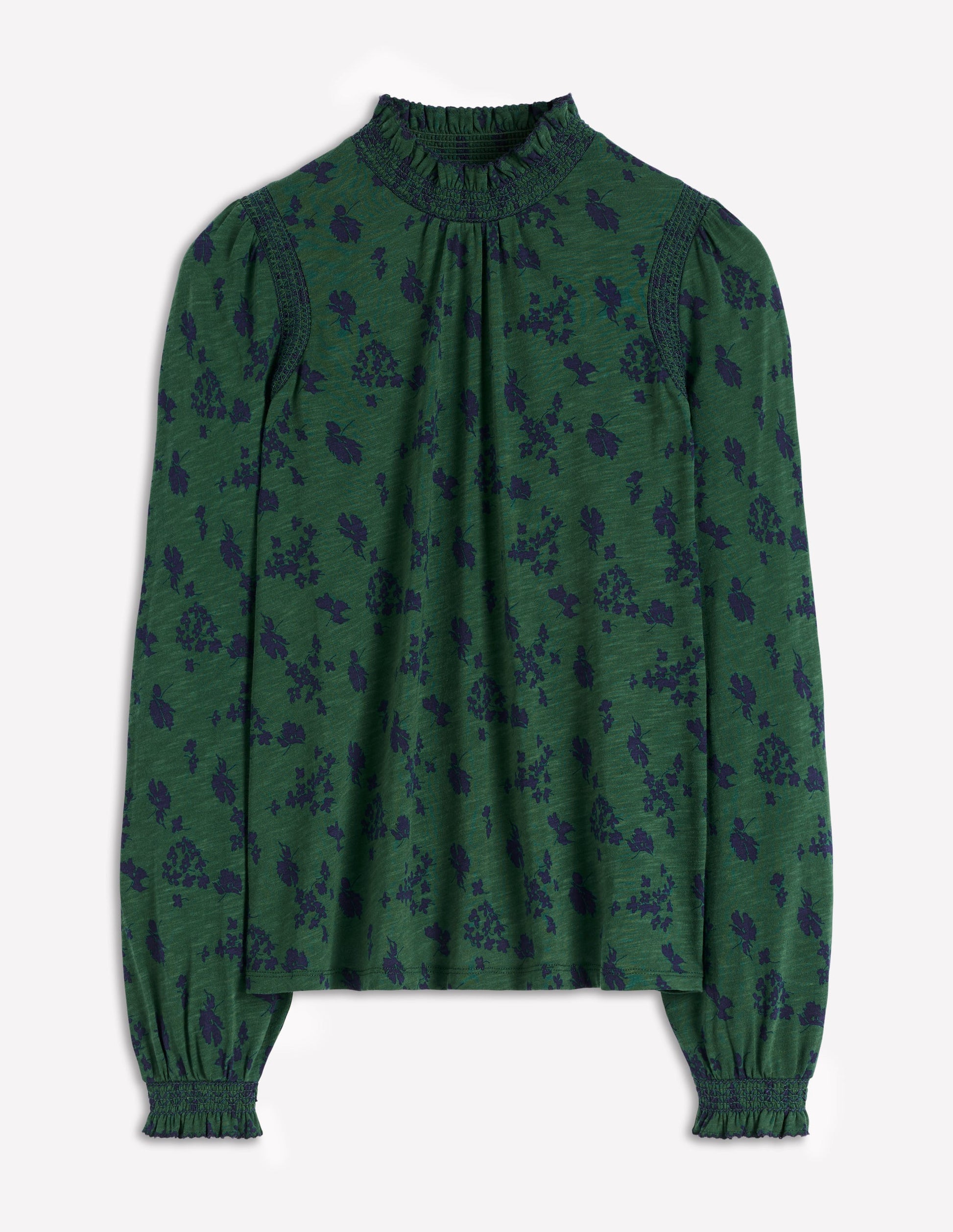 Top Tia à col smocké en jersey-Vert foncé, motif Dainty Meadow-5