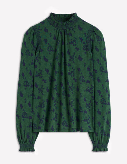 Top Tia à col smocké en jersey-Vert foncé, motif Dainty Meadow-5