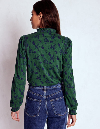 Top Tia à col smocké en jersey-Vert foncé, motif Dainty Meadow-3