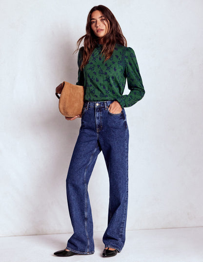 Top Tia à col smocké en jersey-Vert foncé, motif Dainty Meadow-4