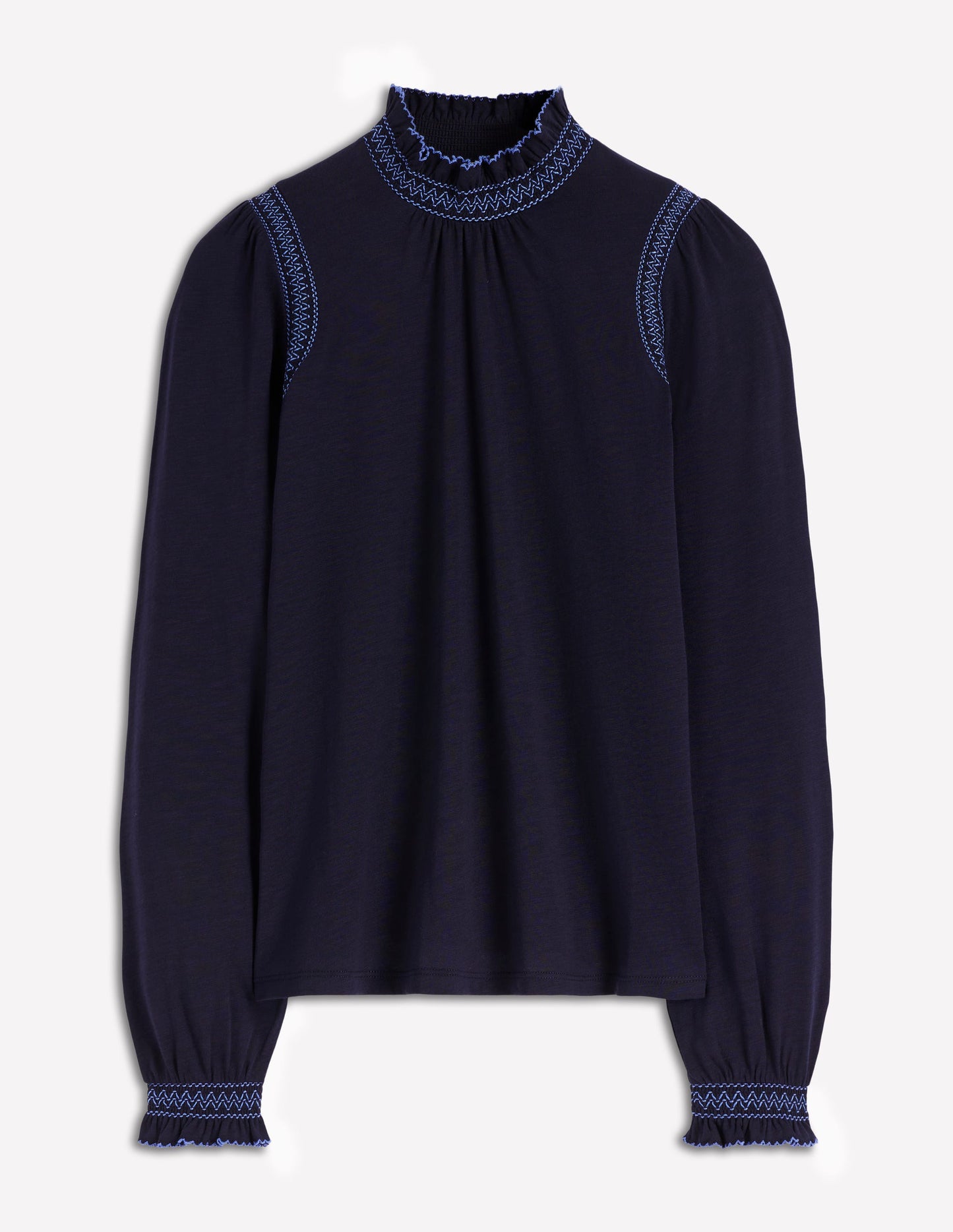 Top Tia à col smocké en jersey-Bleu marine