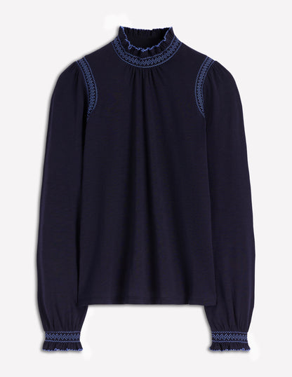 Top Tia à col smocké en jersey-Bleu marine-6