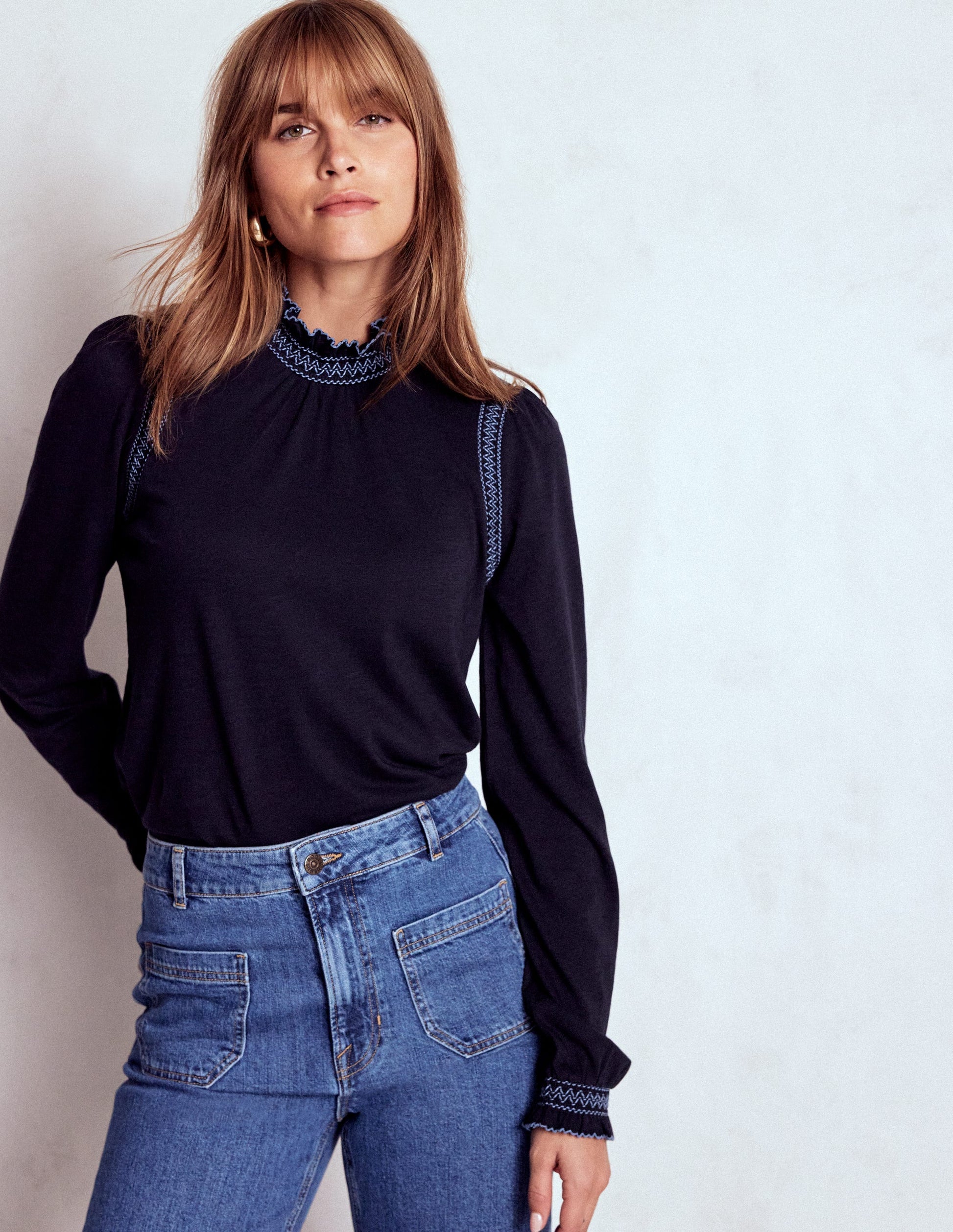 Top Tia à col smocké en jersey-Bleu marine-1