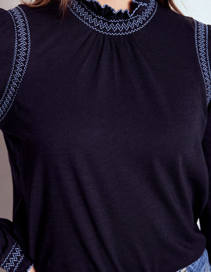 Top Tia à col smocké en jersey-Bleu marine-2