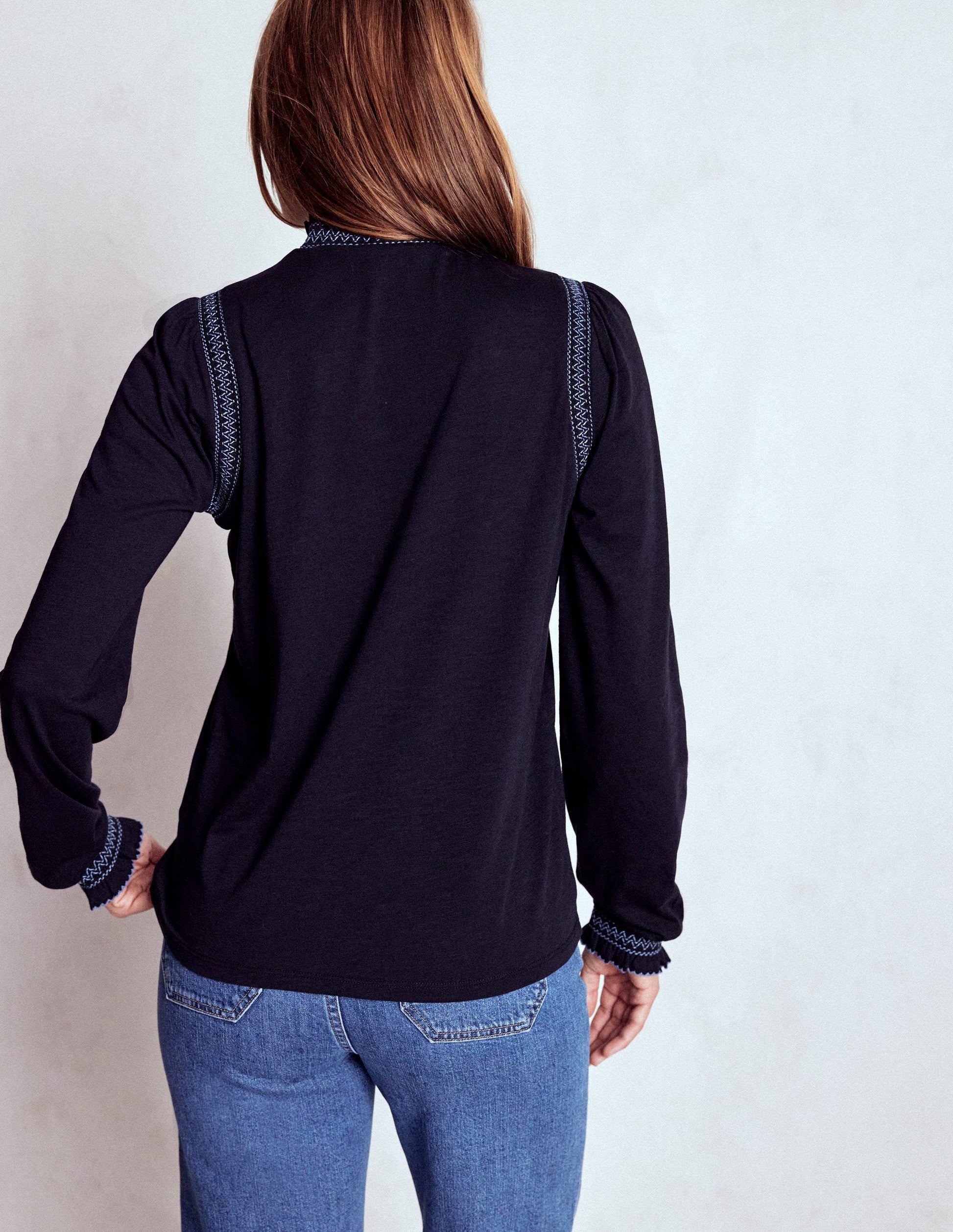 Top Tia à col smocké en jersey-Bleu marine-3