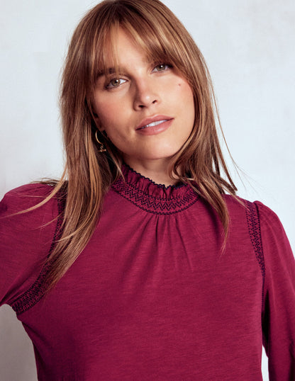 Tia Smocked Neck Jersey Top-Ruby Red-3