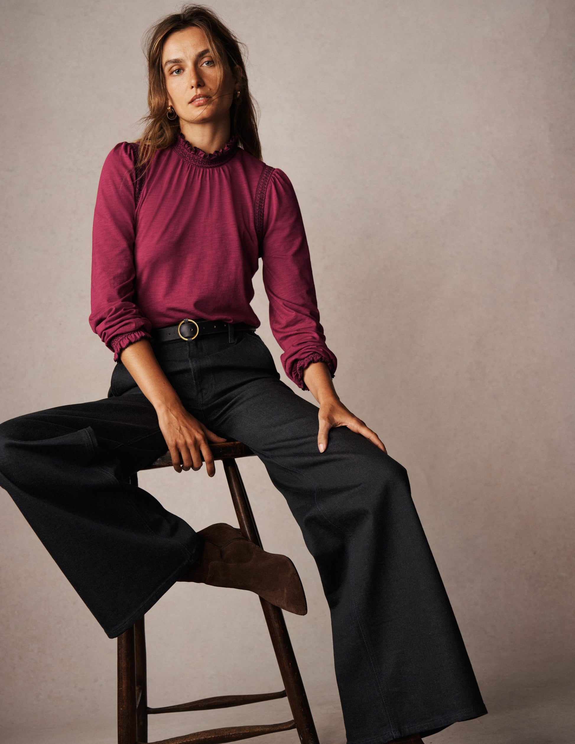 Tia Smocked Neck Jersey Top-Ruby Red-1