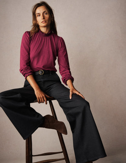 Tia Smocked Neck Jersey Top-Ruby Red-1