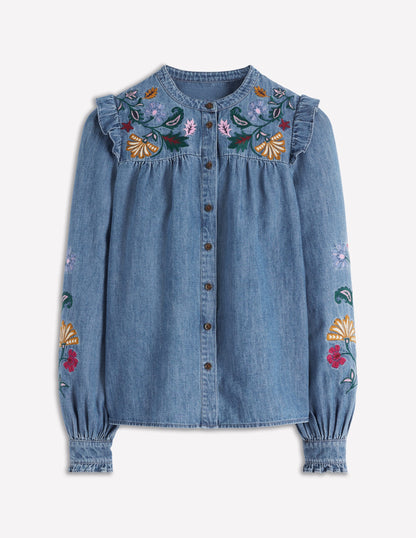 Besticktes Denim-Oberteil-Helles Vintageblau, Stickerei-6