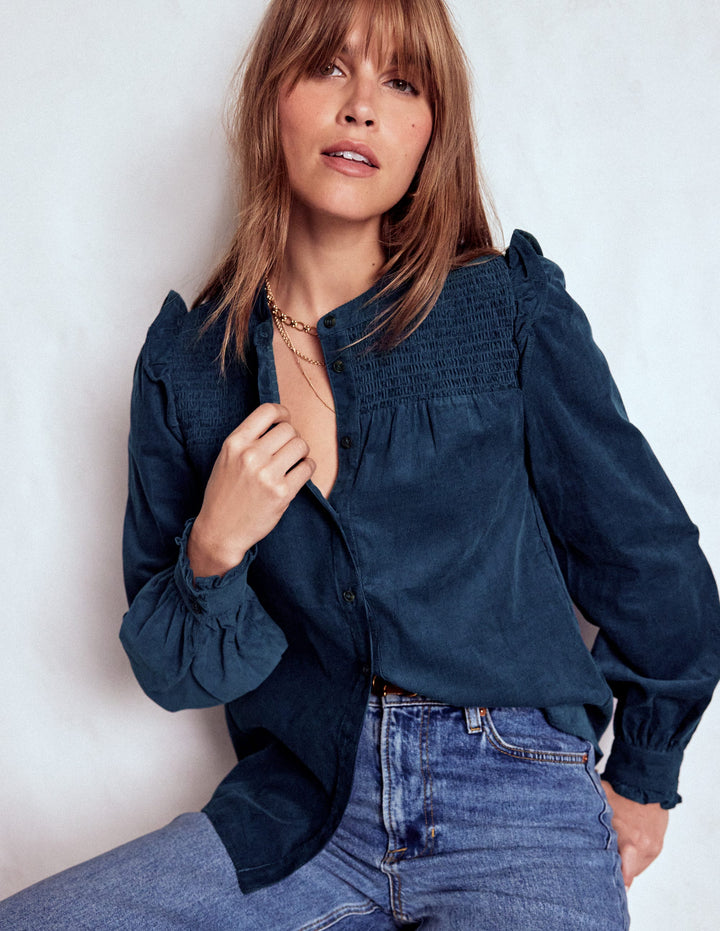 Cord-Oberteil mit gesmokter Passe-Mitternachtsmeer