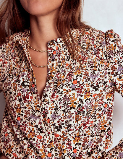 Cord-Oberteil mit gesmokter Passe-Naturweiß Blumenmuster-3