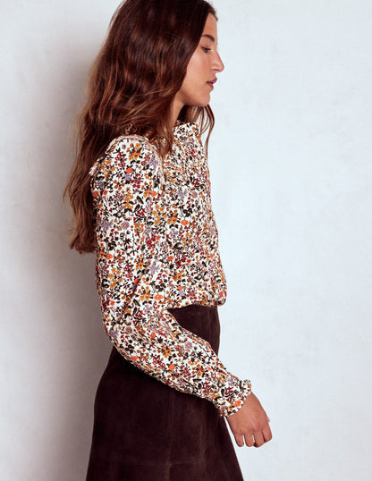 Cord-Oberteil mit gesmokter Passe-Naturweiß Blumenmuster-5