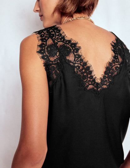 Silk-blend Lace Trim Cami Top-Black-5