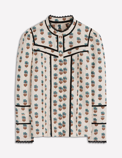 Cotton Lace Trim Top-Ivory, Woodblock Flower-6