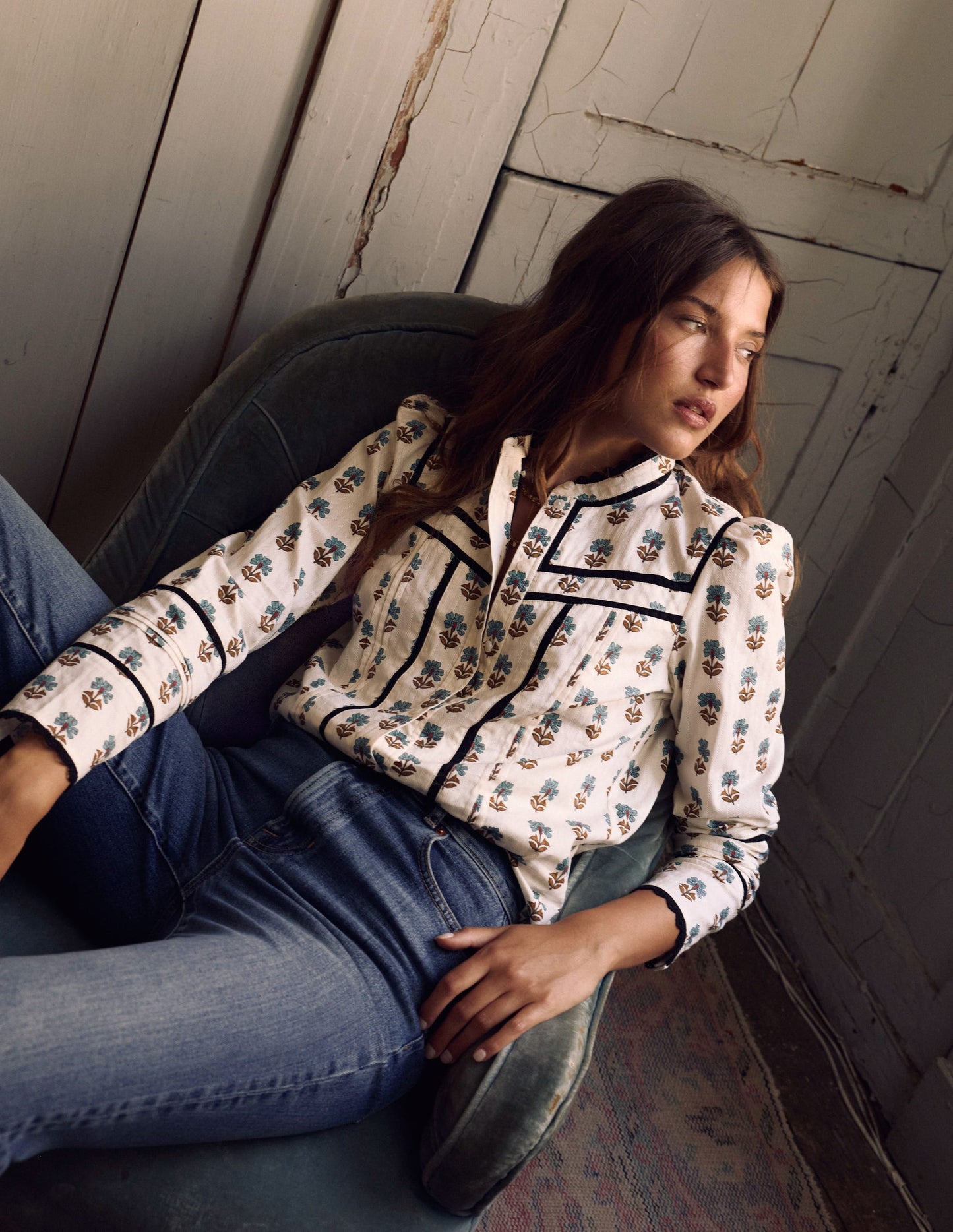 Cotton Lace Trim Top-Ivory, Woodblock Flower