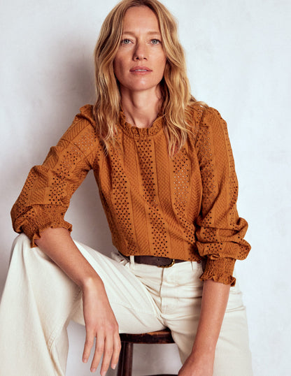 Frill Detail Broderie Top-Mustard-5