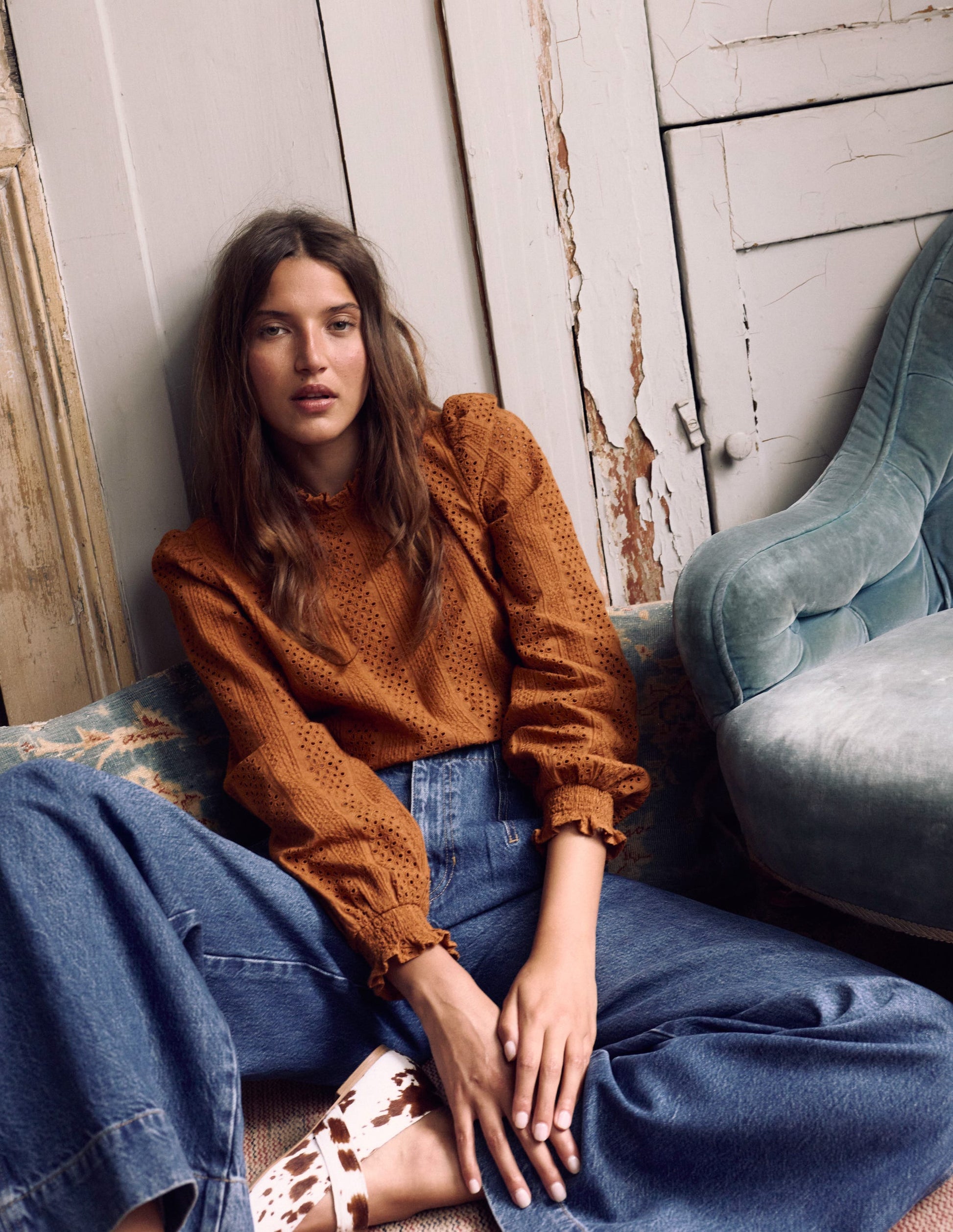 Frill Detail Broderie Top-Mustard-1