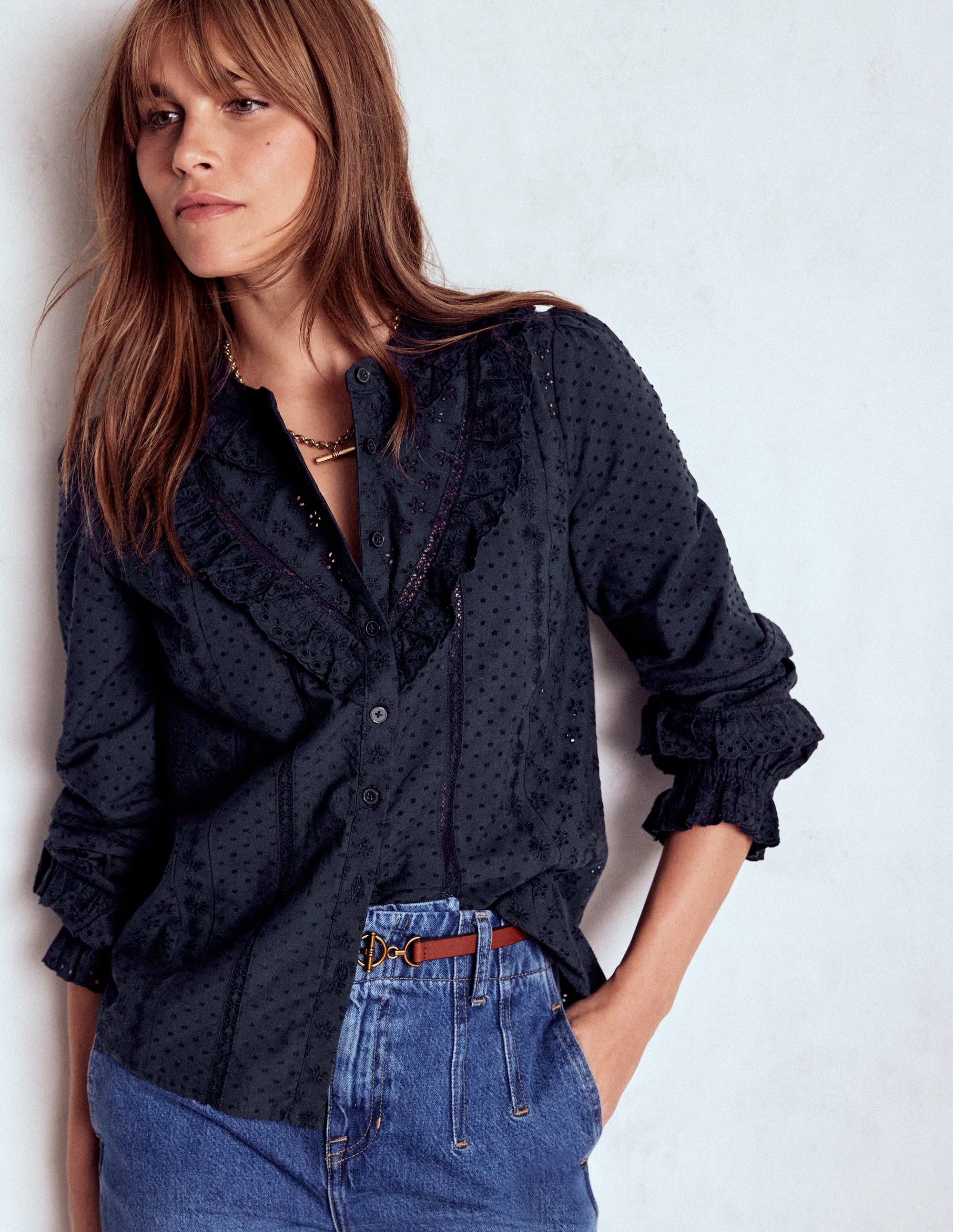 Broderie Ruffle Top-Navy - Image 1