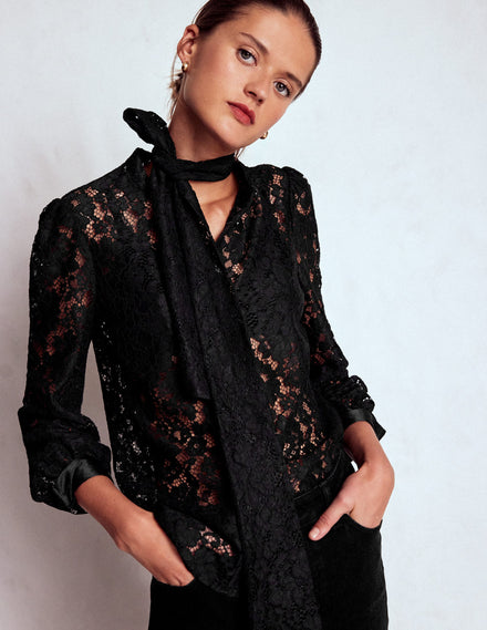 Top en dentelle noué au col-Noir