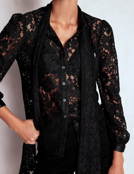 Top en dentelle noué au col-Noir