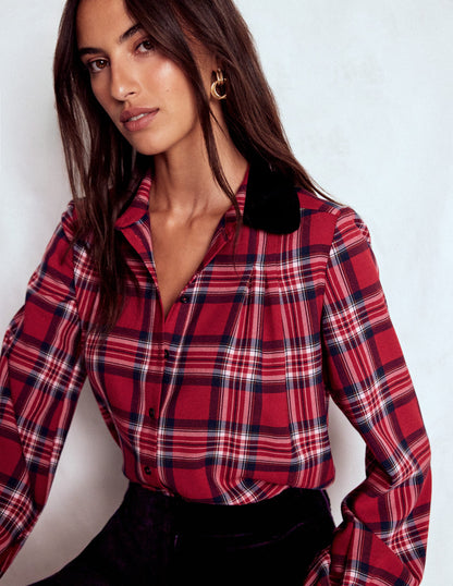 Velvet Collared Check Shirt-Red Check-1