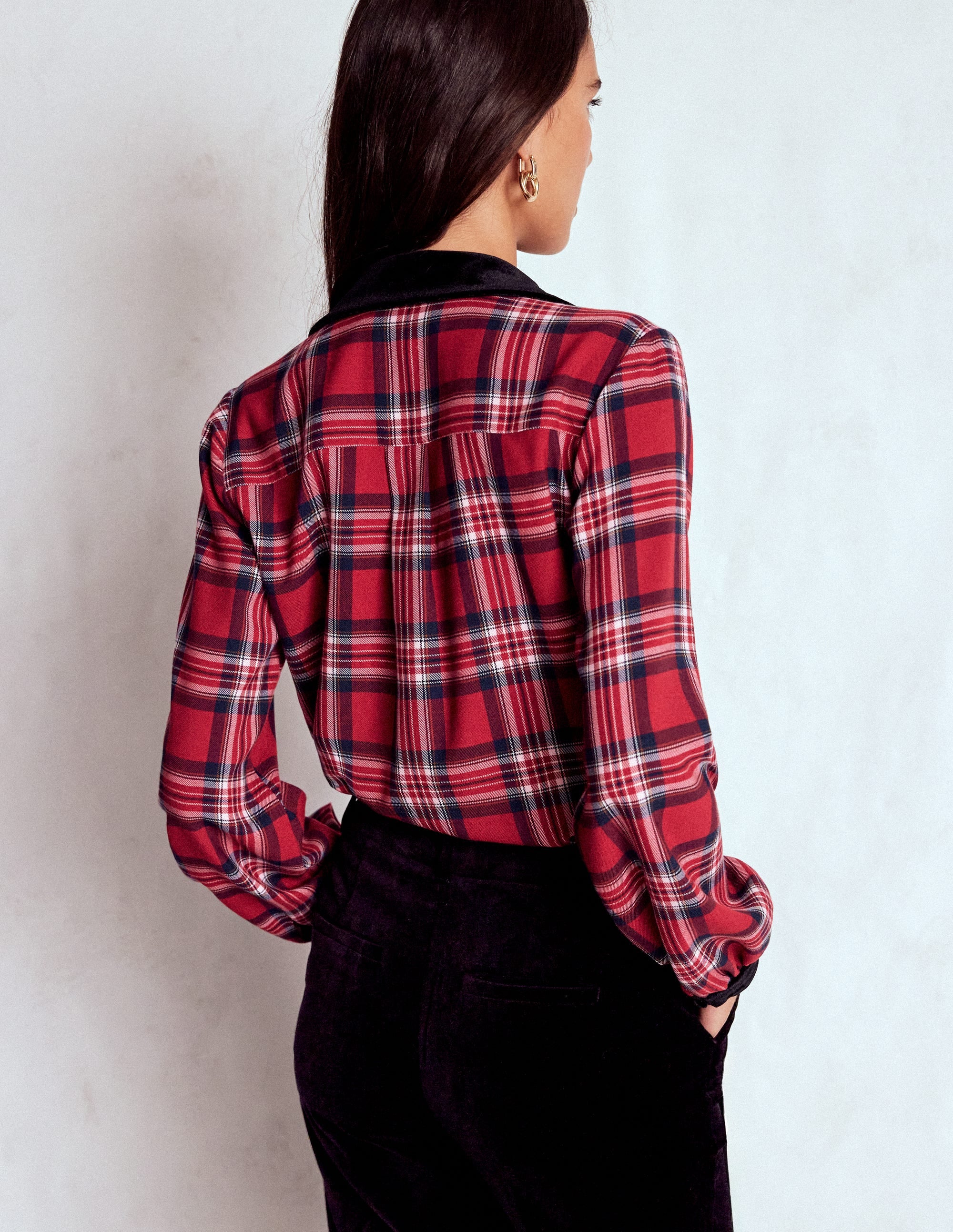 Chemise à carreaux et col en velours-Carreaux rouges - Image 3
