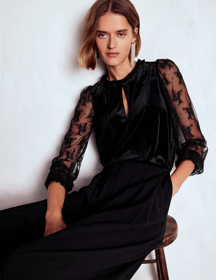 Oberteil aus Samt-Materialmix mit Puffärmeln-Schwarz