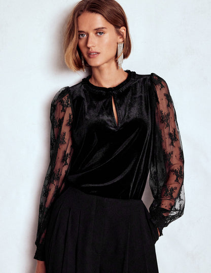 Mixed Media Puff Velvet Top-Black-4