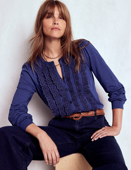 Chemise volantée en jersey avec broderie anglaise-Bleu tribord