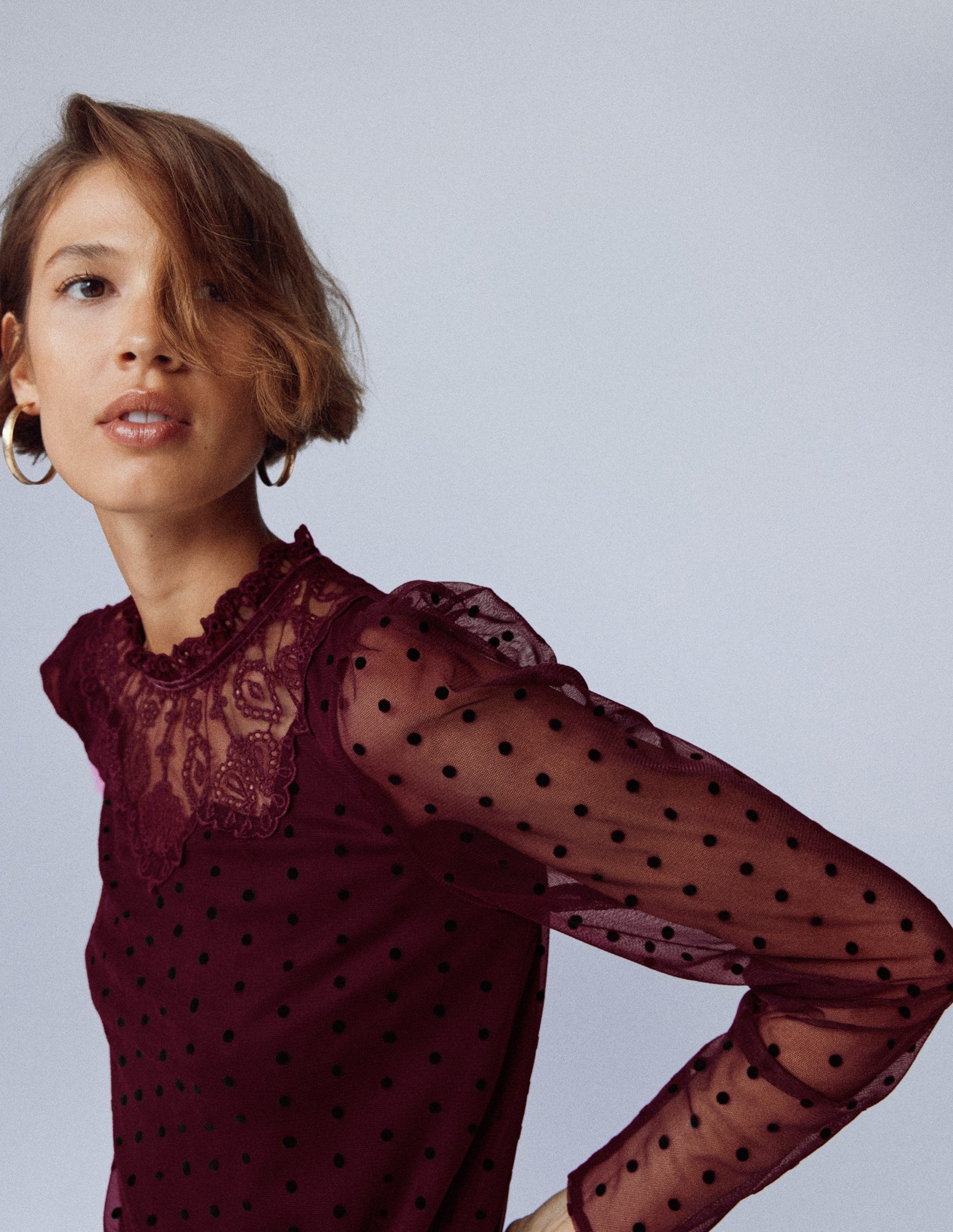 Tulle Yoke Embroidered Top-Dark Cherry-1