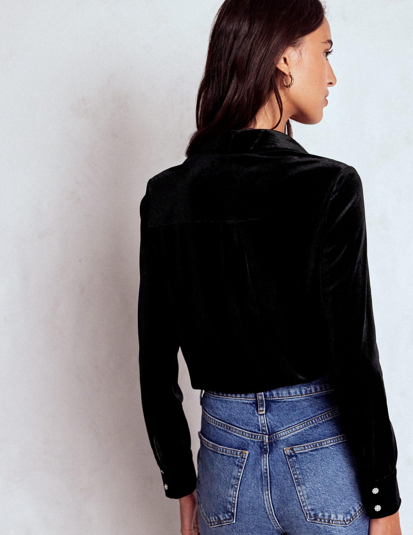 Jewel Button Velvet Shirt-Black
