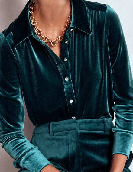 Chemise en velours à boutons bijoux-Bleu sarcelle nuit