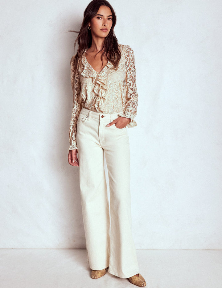 Spitzenbluse mit Rüschendetail-Naturweiß