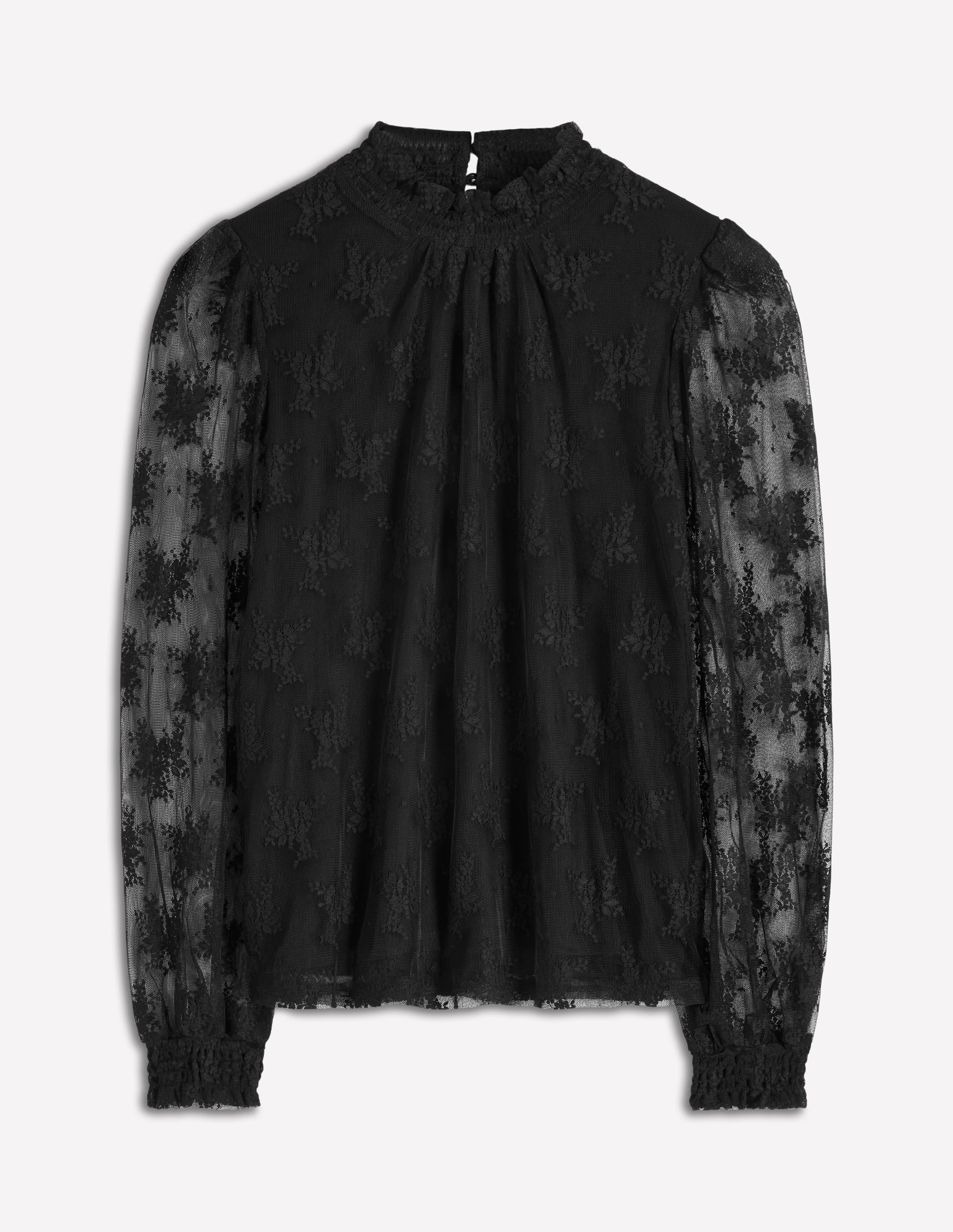 Top en tulle à col smocké-Noir - Image 6