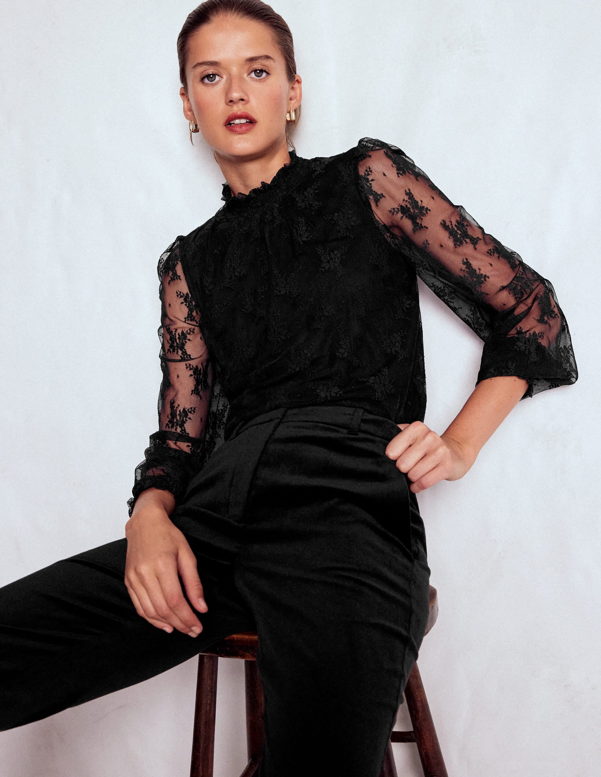 Top en tulle à col smocké-Noir - Image 1