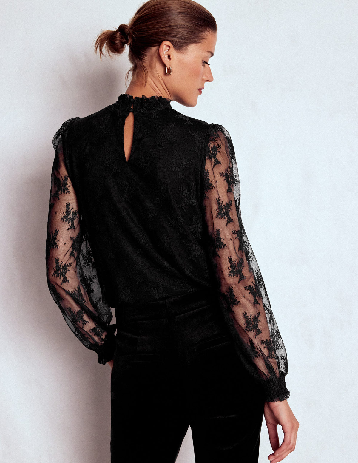 Top en tulle à col smocké-Noir - Image 3